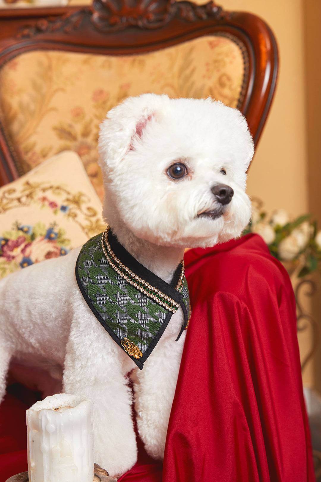The Gilded Age Emerald Pet Bib – Green Rhinestone Tweed Chic - COZY-EVER