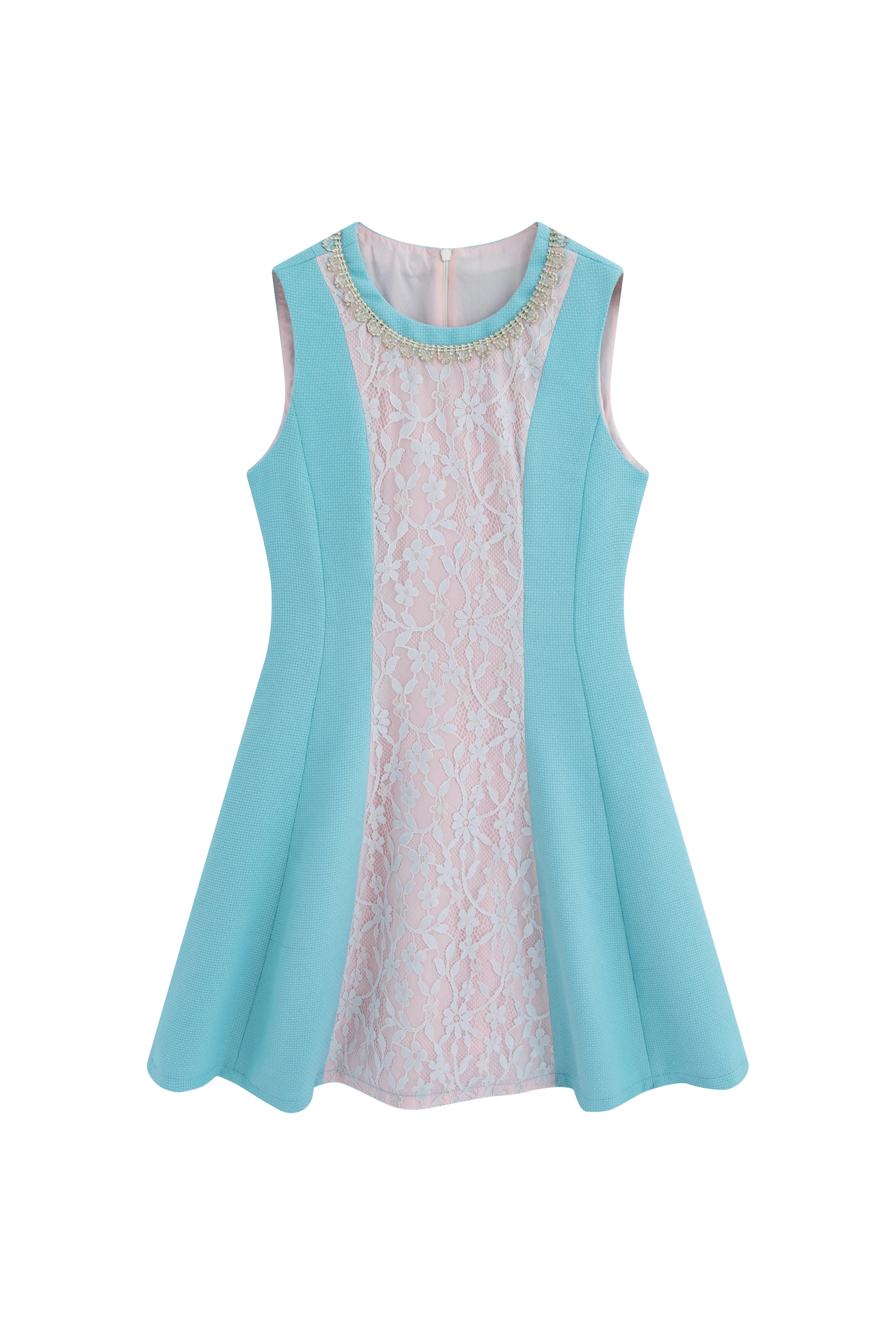 The Romantic Garden Floral Lace Blue Dress-Lace Dress